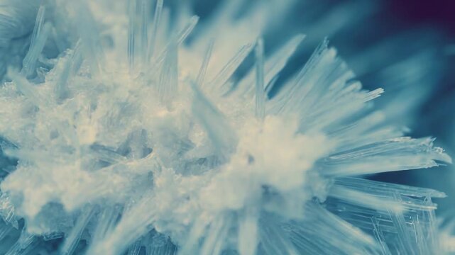 Ice crystals creating a spiky texture on a frozen surface, emphasizing the intricate details of nature's delicate and unique formations under cold conditions
