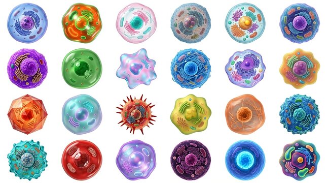 Vibrant 3D renders of various biological cells in a grid layout. Ideal for educational uses.