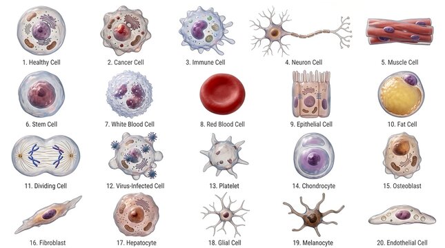 A detailed illustration showing 20 different types of human cells. Useful for educational purposes.