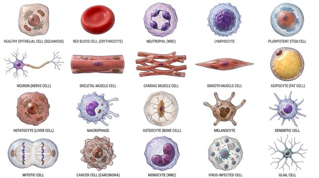 A detailed illustration shows different human cells highlighting their diversity.