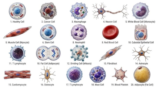 A detailed illustration of different human cells for educational use. Each cell type is labeled with a number.