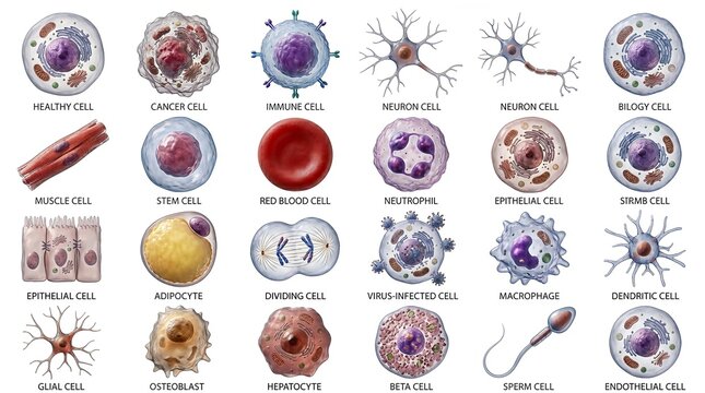 Illustration of various human cells labeled with names, showcasing biology and medical diversity.