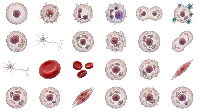 Illustrated set of diverse human cells showcasing different types, shapes, and structures with labels.
