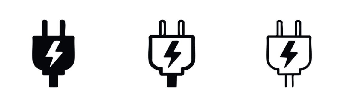Power cord plug with lightning icon set. Electricity and charging symbols in various styles.