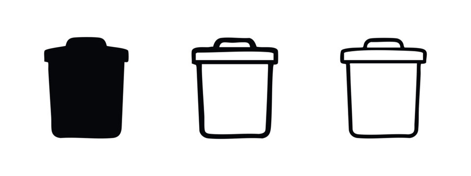 Trash can and garbage bin icon set. Delete and waste symbols in various styles for UI design.