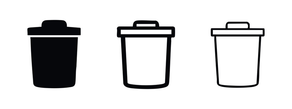 Garbage bin and trash can icon set. Waste and delete symbols in various styles for web and app.