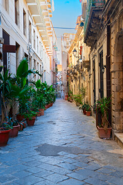 Syracuse old medieval town street, Sicily Italy