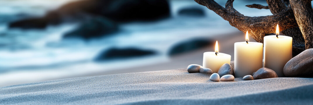 Tealight candles illuminating a sandy beach shoreline at twilight, creating a serene atmosphere for a Midsummer night celebration or spiritual St. John's Day tradition