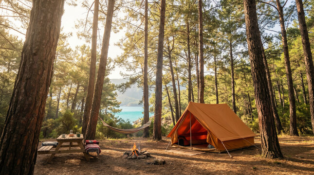 Forest Campsite Scene with Tent, Picnic Table, and Hammock by Lake