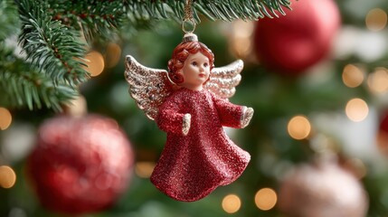 Naklejka premium Red angel ornament hangs on a Christmas tree with warm bokeh lights in a cozy holiday setting