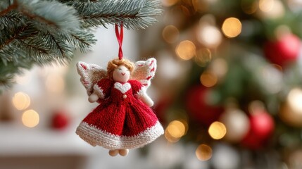 Naklejka premium Red angel ornament hangs on a Christmas tree branch with warm bokeh lights during the holiday season