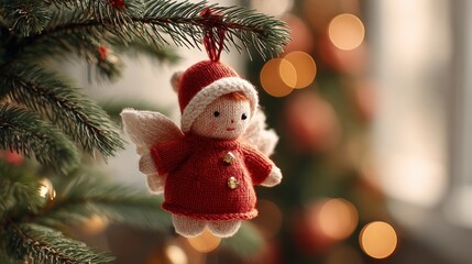 Naklejka premium Red angel ornament hangs from Christmas tree branch surrounded by warm festive lights