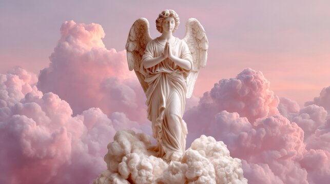 Praying angel statue stands above glowing clouds during sunrise in a serene and devotional scene