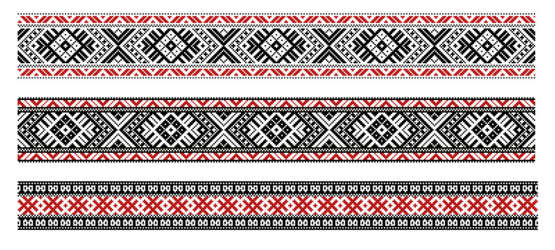 Set of three traditional Estonian ornamental borders featuring authentic folk patterns rendered in clean flat design style. Each band showcases unique geometric and ethnic motifs
