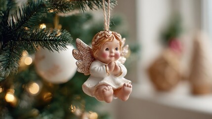 Naklejka premium Small white angel ornament hangs on a green Christmas tree branch with warm bokeh lights in the background during the holiday season