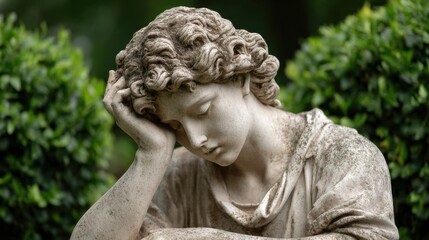 Naklejka premium Statue of an angel with bowed head in cemetery garden surrounded by greenery in soft natural light