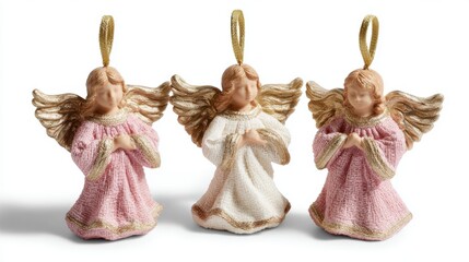 Naklejka premium Three angel ornaments in holiday catalog style on white background with soft shadows and clear details