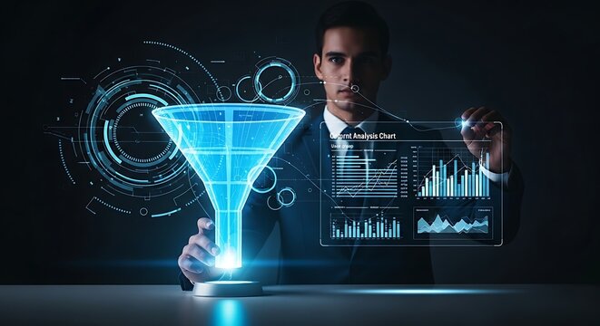 Cohort analysis chart concept. An analyst's hand pulls data from a funnel hologram to generate a cohort chart, visualizing user behavior over time.