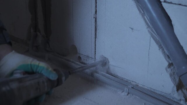 Worker Smoothing Conduit Joint Before Inspection, Closeup Of Gloved Hand Cleaning And Shaping Mortar Seam Along Wall Base, Final Interior Finishing Stage, Quality Check And Tidy Surface