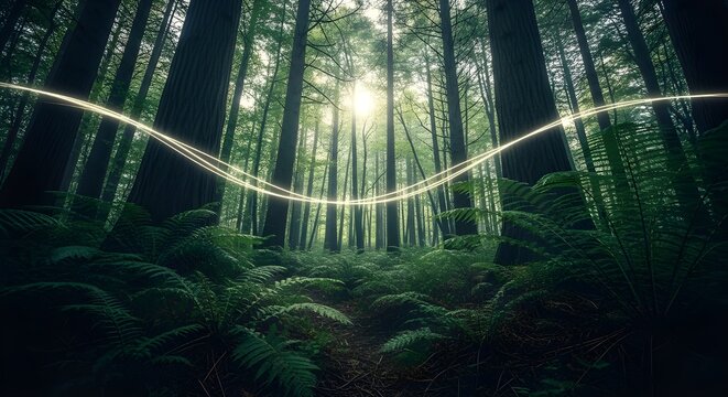 Bosque sereno con ondas sonoras et&eacute;reas que fluyen a trav&eacute;s de &eacute;l, curaci&oacute;n sonora y bienestar inspirado en la naturaleza.