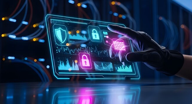 Amenazas de ciberseguridad, violaci&oacute;n de datos y robo de identidad explicadas en un entorno de tecnolog&iacute;a avanzada que mejora la conciencia sobre los riesgos financieros visualizados en una sala de co