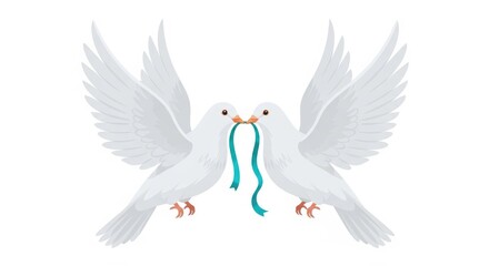 Fototapeta premium Two white doves holding a blue ribbon in their beaks, wings spread wide in a symbol of peace and uni