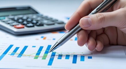 Análisis manual de gráficos de negocios con un bolígrafo en informes impresos, que simboliza la toma de decisiones de análisis financiero y el concepto de estrategia basada en evidencia y gestión del