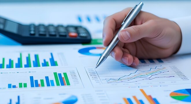 An&aacute;lisis manual de gr&aacute;ficos de negocios con un bol&iacute;grafo en informes impresos, que simboliza la toma de decisiones de an&aacute;lisis financiero y el concepto de estrategia basada en evidencia y gesti&oacute;n del