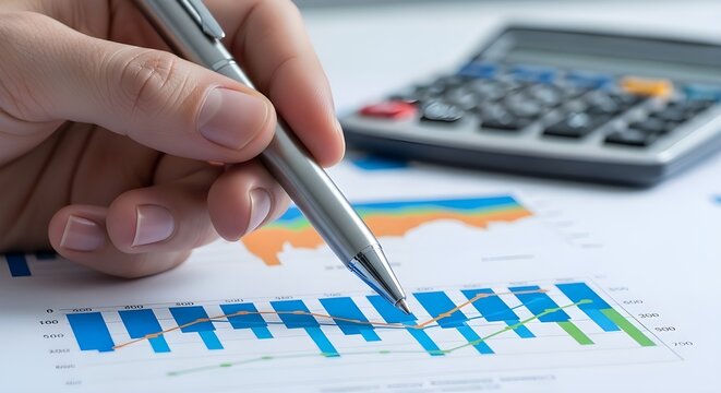 An&aacute;lisis manual de gr&aacute;ficos de negocios con un bol&iacute;grafo en informes impresos, que simboliza la toma de decisiones de an&aacute;lisis financiero y el concepto de estrategia basada en evidencia y gesti&oacute;n del