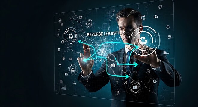 Reverse logistics concept. A manager optimizes reverse logistics on a holographic map, tracing efficient routes for product returns and recycling.