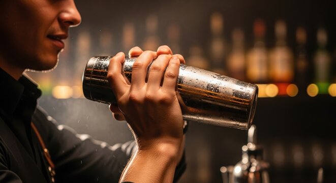 a man pouring a drink from a shaker into a glass at a bar adult beverage close up detail view drinki