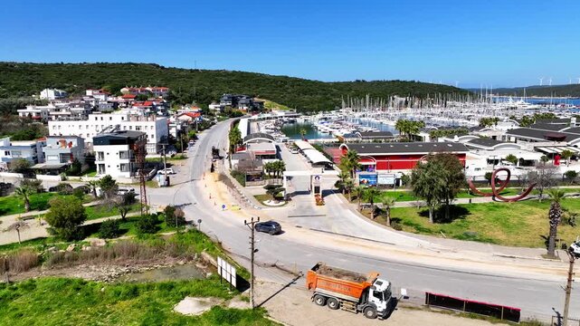 Aerial Drone View of Teos Marina and Sigacik Coastal Town in Izmir, Turkey &ndash; Aegean Sea Harbor and Scenic Village 4K
