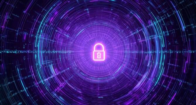 a digital lock surrounded by purple and blue holographic lines, symbolizing the security of cyber protection in virtual space the background is a dark gradient with hints of indigo Generative AI