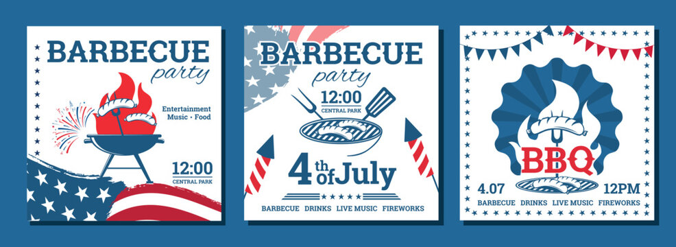 4th of July barbecue party social media posts or flyers templates set. Summer barbecue picnic invitation. BBQ vector illustration with sausages, food, national decorative elements for celebration.
