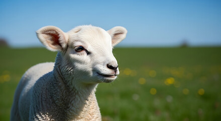 Obraz premium Adorable lamb grazing in green field under blue sky with sunlight shining. Young sheep enjoying fresh grass in vibrant meadow, symbolizing spring and renewal. Perfect for calendar design.