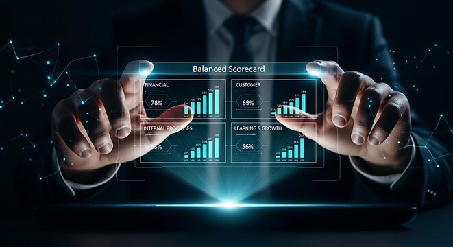 Balanced scorecard concept. An executive's hands adjust a holographic scorecard, balancing financial, customer, and internal process metrics with interactive level bars.