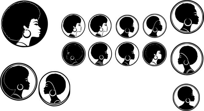 Set of Round silhouette vector cameo of a black woman with an afro hairstyle and earrings
 on white background