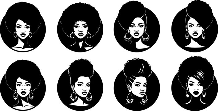 Set of Round silhouette vector cameo of a black woman with an afro hairstyle and earrings
 on white background