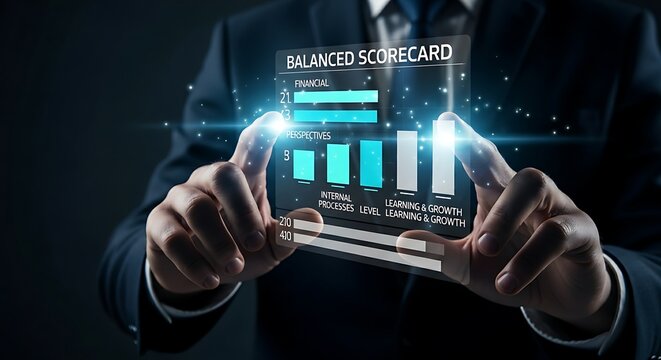 Balanced scorecard concept. An executive's hands adjust a holographic scorecard, balancing financial, customer, and internal process metrics with interactive level bars.