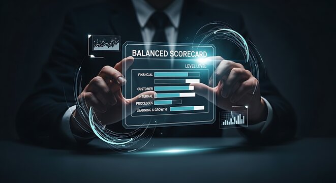 Balanced scorecard concept. An executive's hands adjust a holographic scorecard, balancing financial, customer, and internal process metrics with interactive level bars.
