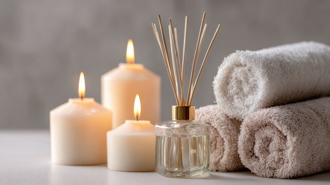 Cozy home self care setup with candles, towels, and diffuser in warm light during afternoon relaxation