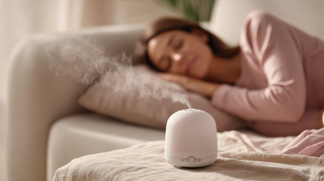 Person rests while essential oil diffuser releases mist in a home wellness space with soft textiles and natural light