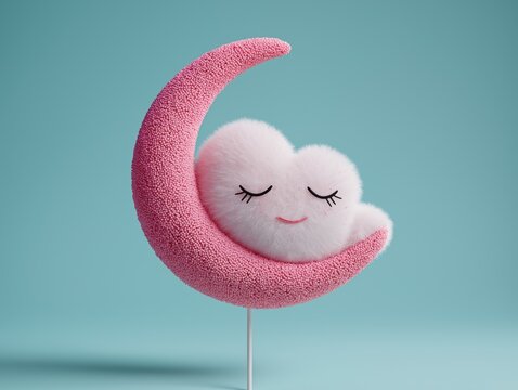 Cute fluffy pink heart-shaped cloud character peacefully sleeping nestled inside a textured crescent moon on blue.