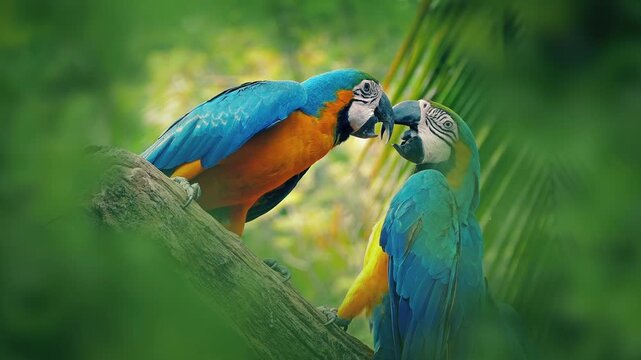 Parrots Fighting In Tropical Jungle
