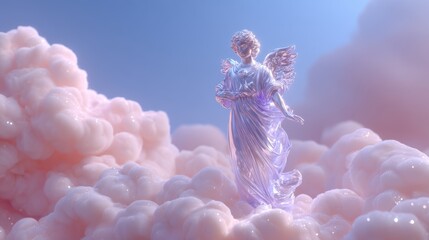 Naklejka premium Blue glowing angelic statue in dreamy cloudscape with sparkling mist and radiant light during a mystical moment
