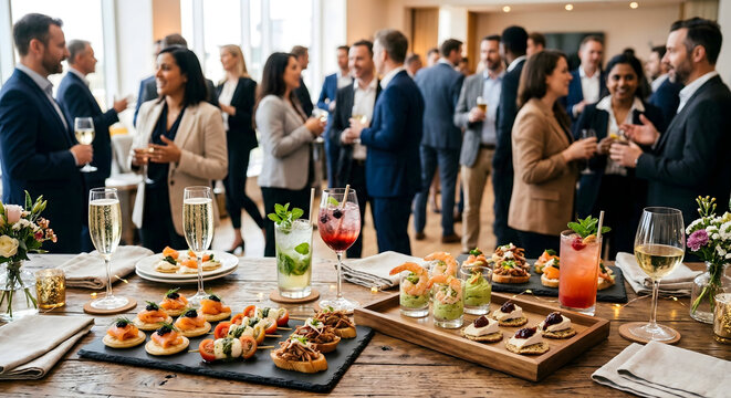 Business people networking and enjoying appetizers at a reception  