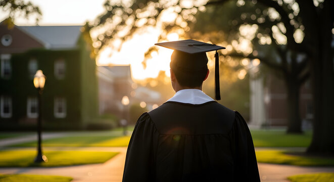 Graduate walking towards sunset in academic gown on campus  