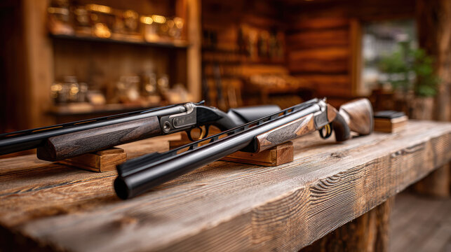 Shotguns displayed on a natural wooden table inside a rustic arms store, presenting hunting and shooting equipment for sale, symbolizing sport, security, and defense interests