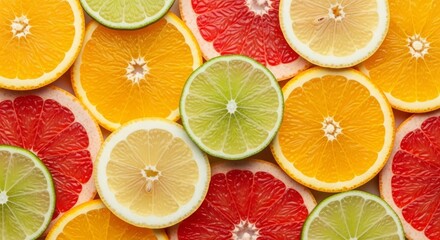 Fototapeta premium Vibrant Citrus Slices - A Colorful Composition of Oranges, Lemons, Limes, and Grapefruit.
