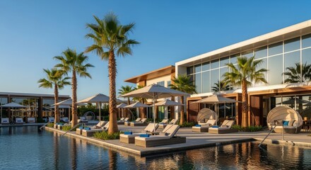 Fototapeta premium Luxury resort with pool, palm trees, and modern architecture under a clear blue sky.